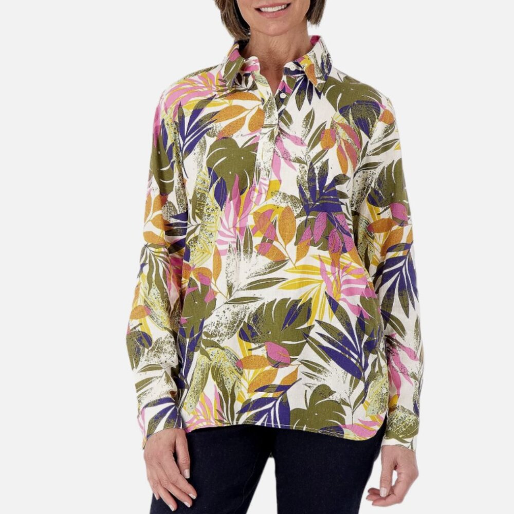 Naturals d&co. size XL Tropical Leaf Print Linen Blend Popover Blouse‎ Vacation